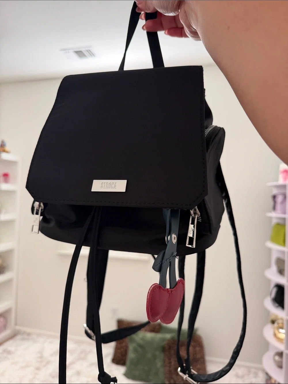 Black Mini Backpack with Red Cherry Charm